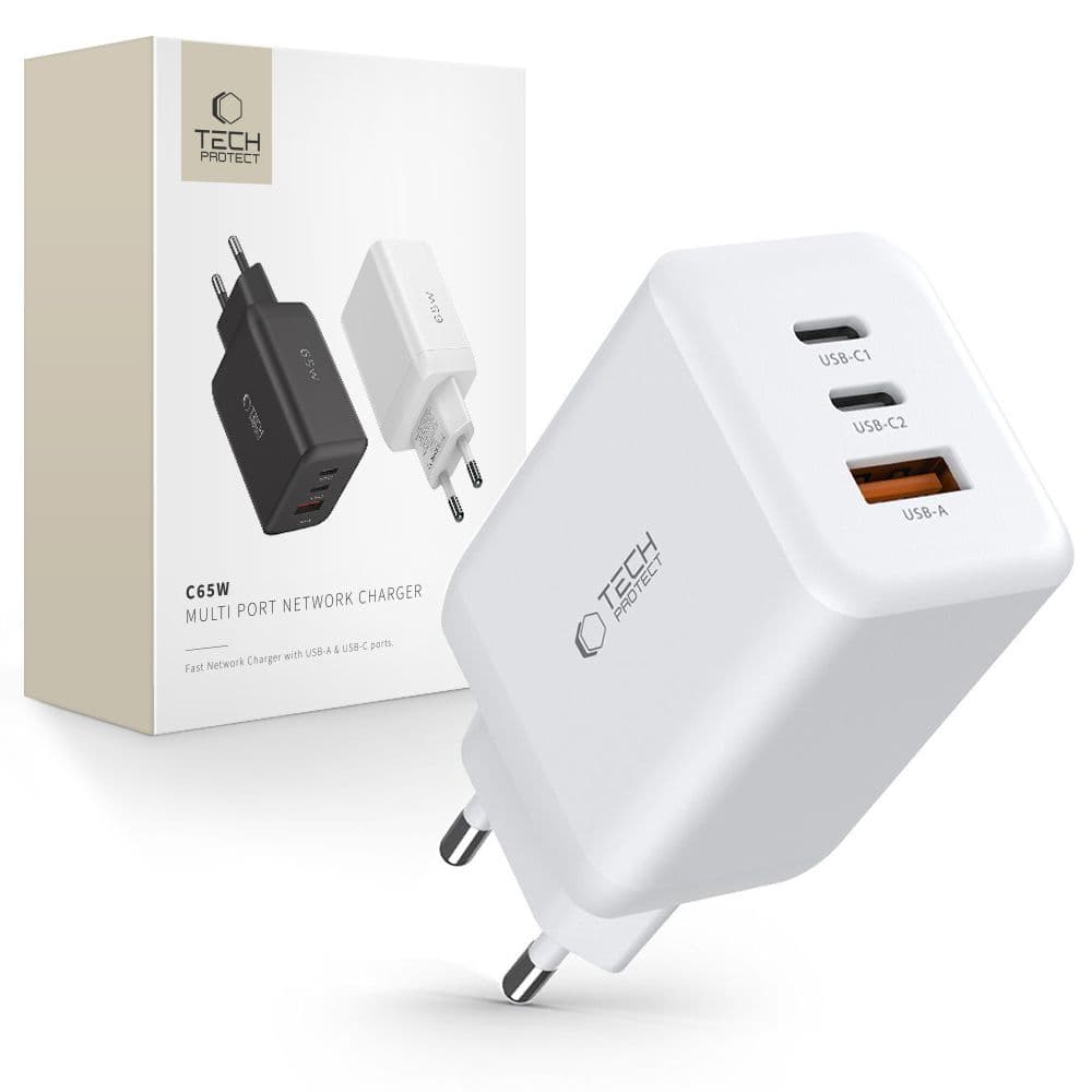 Tech-Protect C65W polnilec 2x USB-C PD 65W / USB-A QC 3.0 - bel