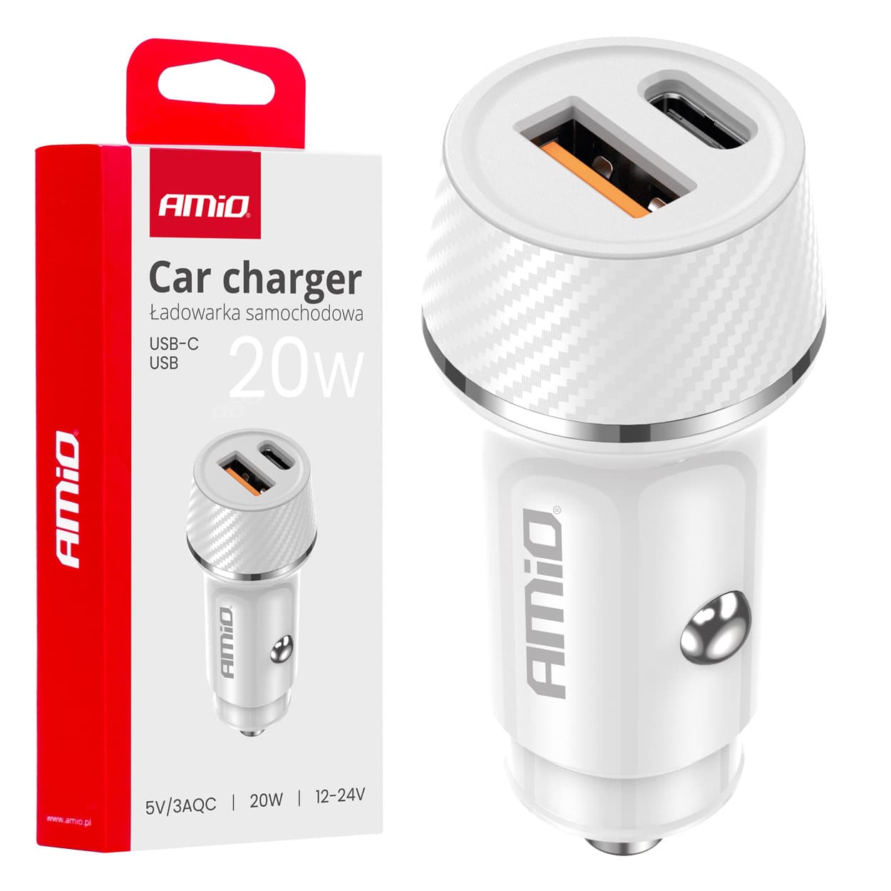AMiO avto polnilnik USB-A + USB-C 20W (bel) - 1 priključek