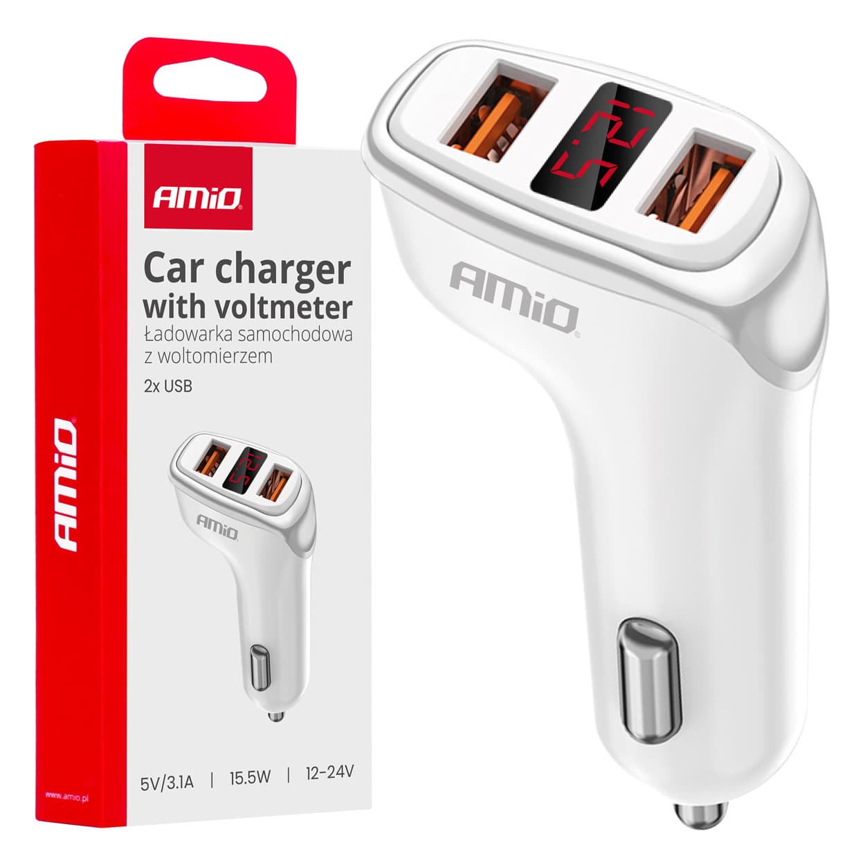 AMiO avtomobilska polnilka 2x USB-A + voltemeter, 3,1A, bela