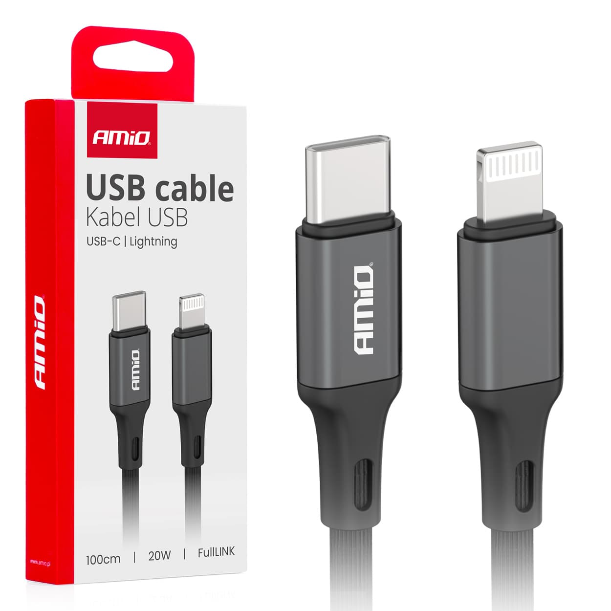 AMiO USB-C - Lightning kabel, PD 20W, 100 cm