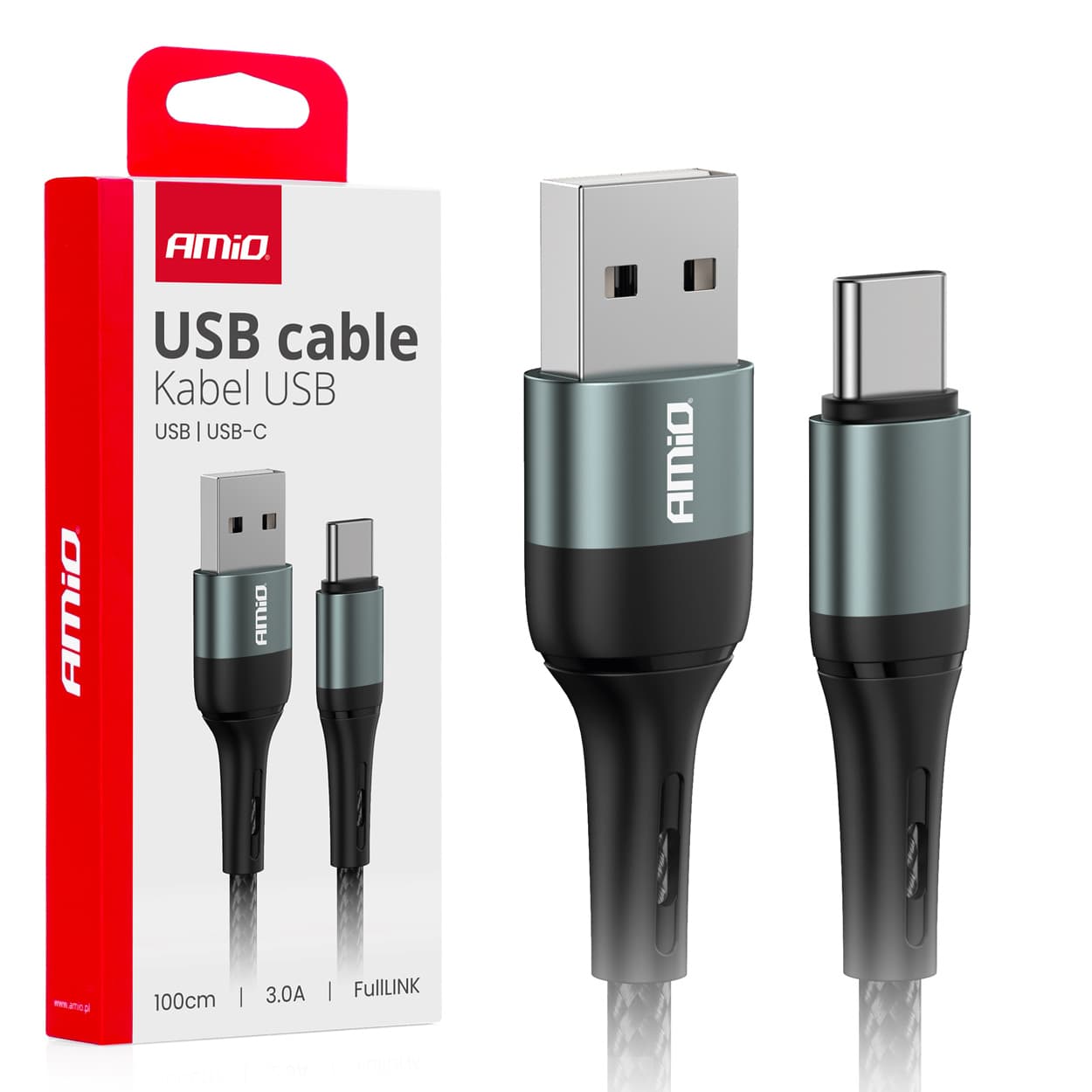 AMiO USB-A - USB-C kabel, 3A, 100 cm