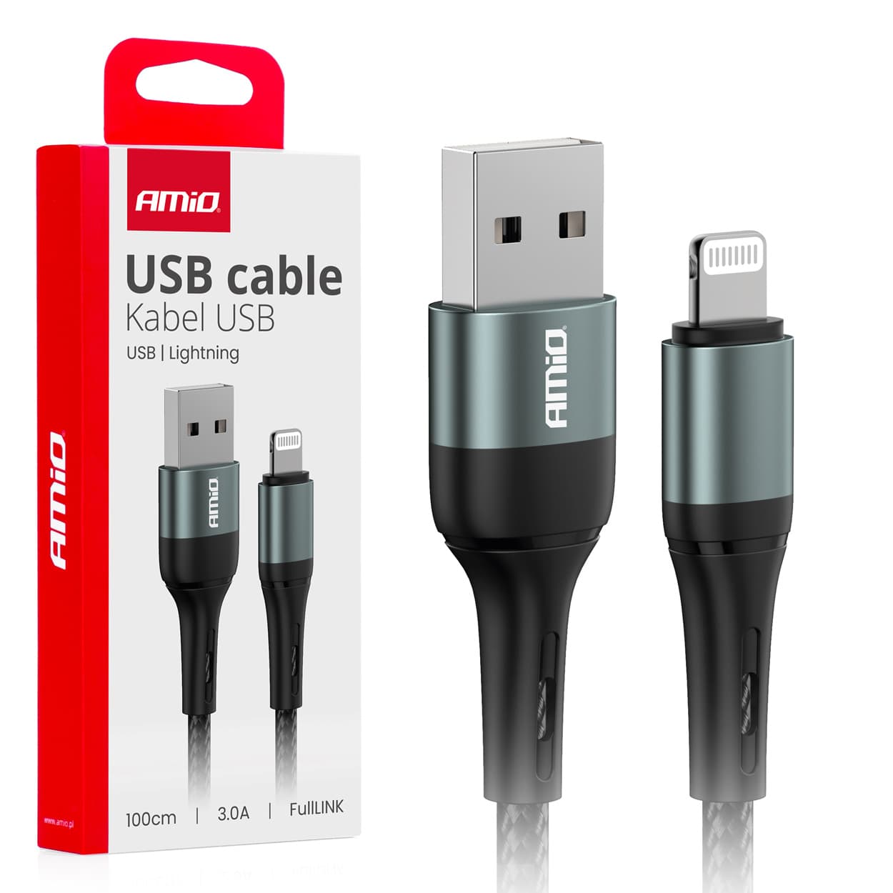 AMiO USB-A - Lightning kabel, 3A, 100 cm