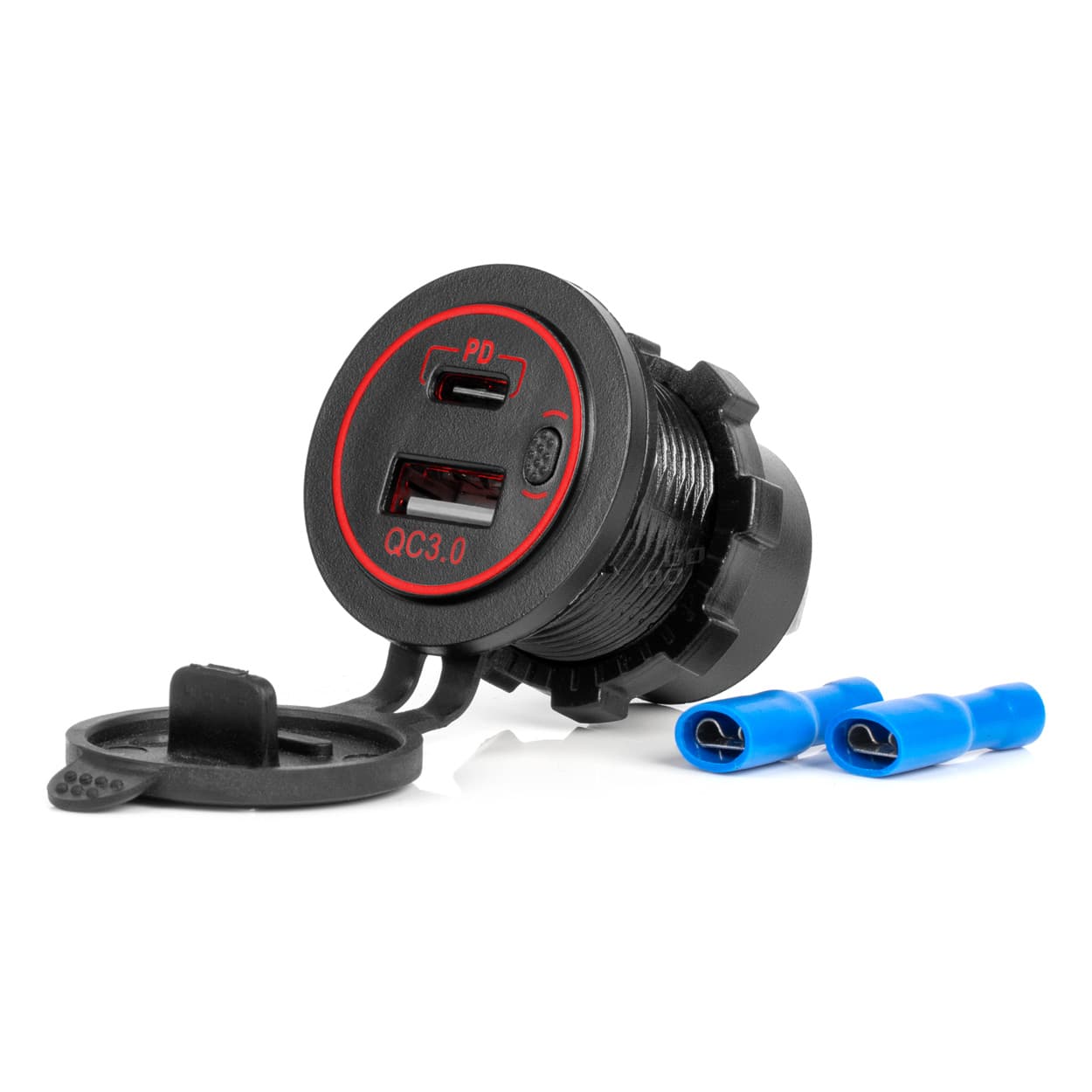 Avtomobilski polnilnik AMiO, vodoodporen, USB + USB-C QC 3.0, 12/24V
