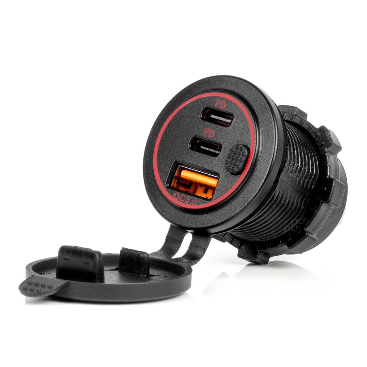 Avto polnilnik AMiO, vodoodporen, vklop, USB+2xUSB-C QC3.0, 12/24V