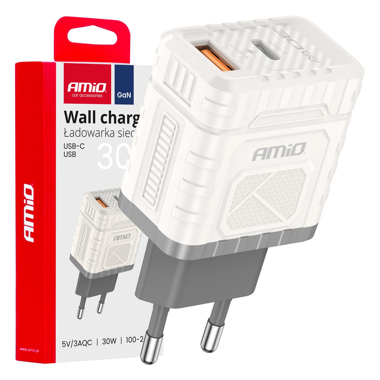 AMiO GaN omrežni polnilnik 30W, USB-A + USB-C
