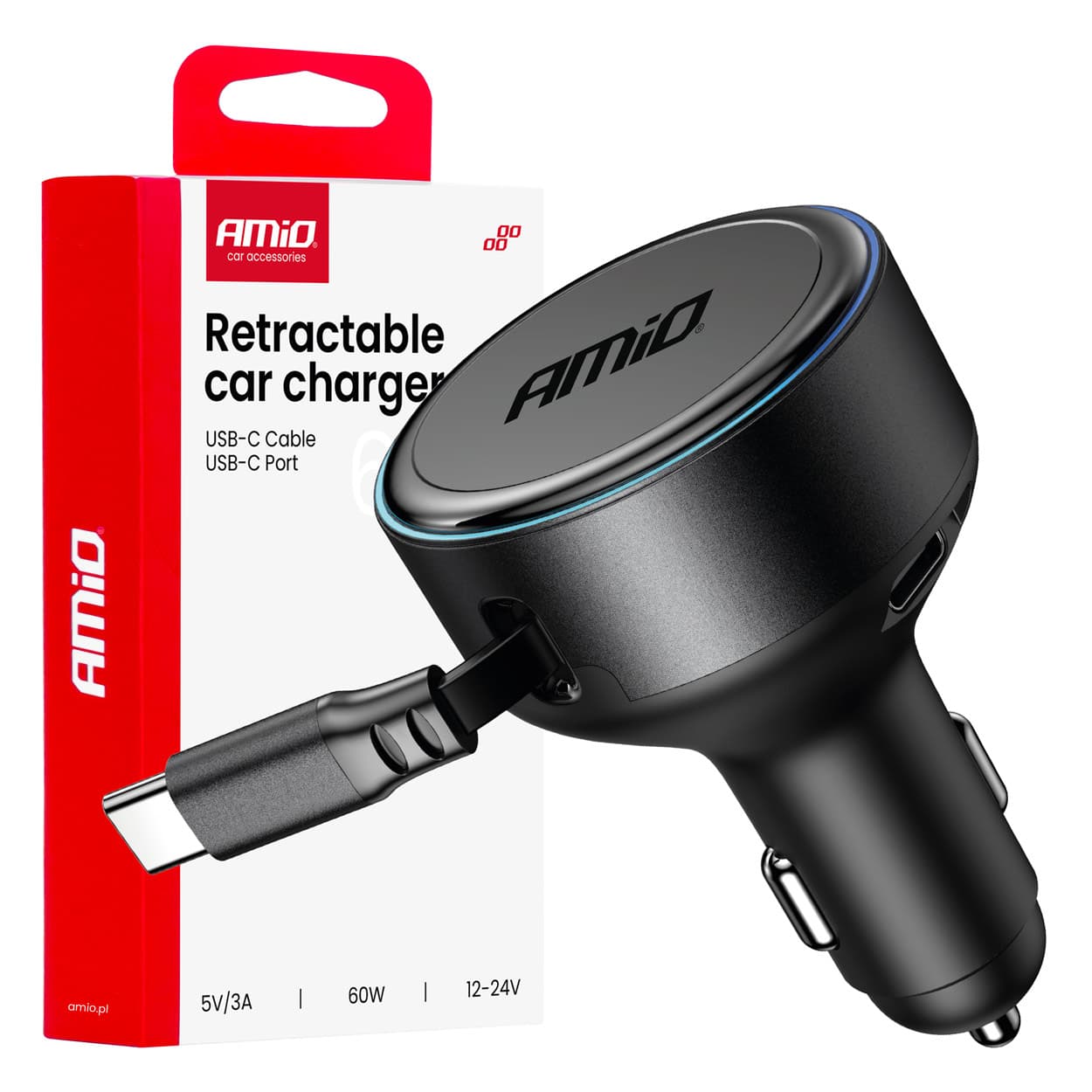 AMiO avto polnilec s kablom USB-C, do 60W PD in avtozvitkom