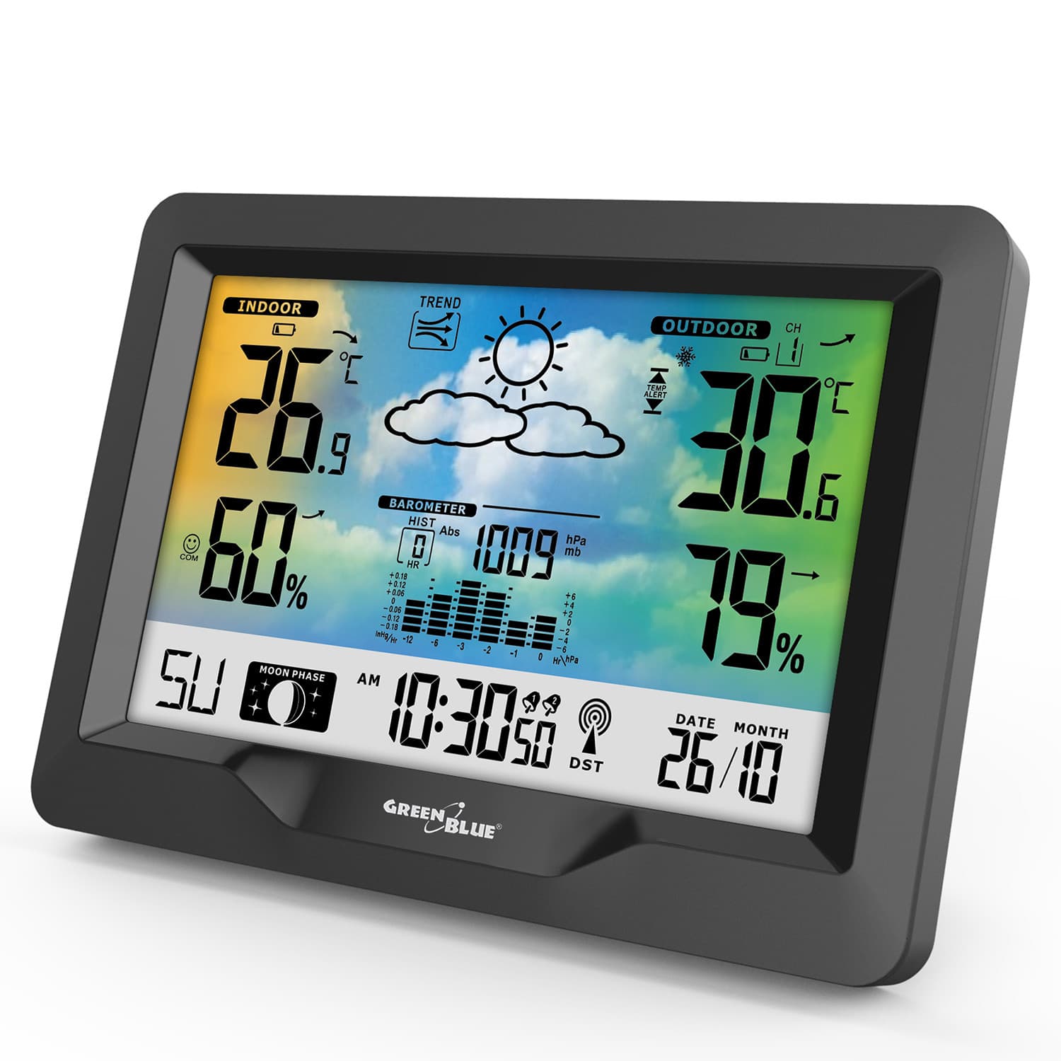 Brezžična vremenska postaja GreenBlue, barvna, DCF, barometer, GB540