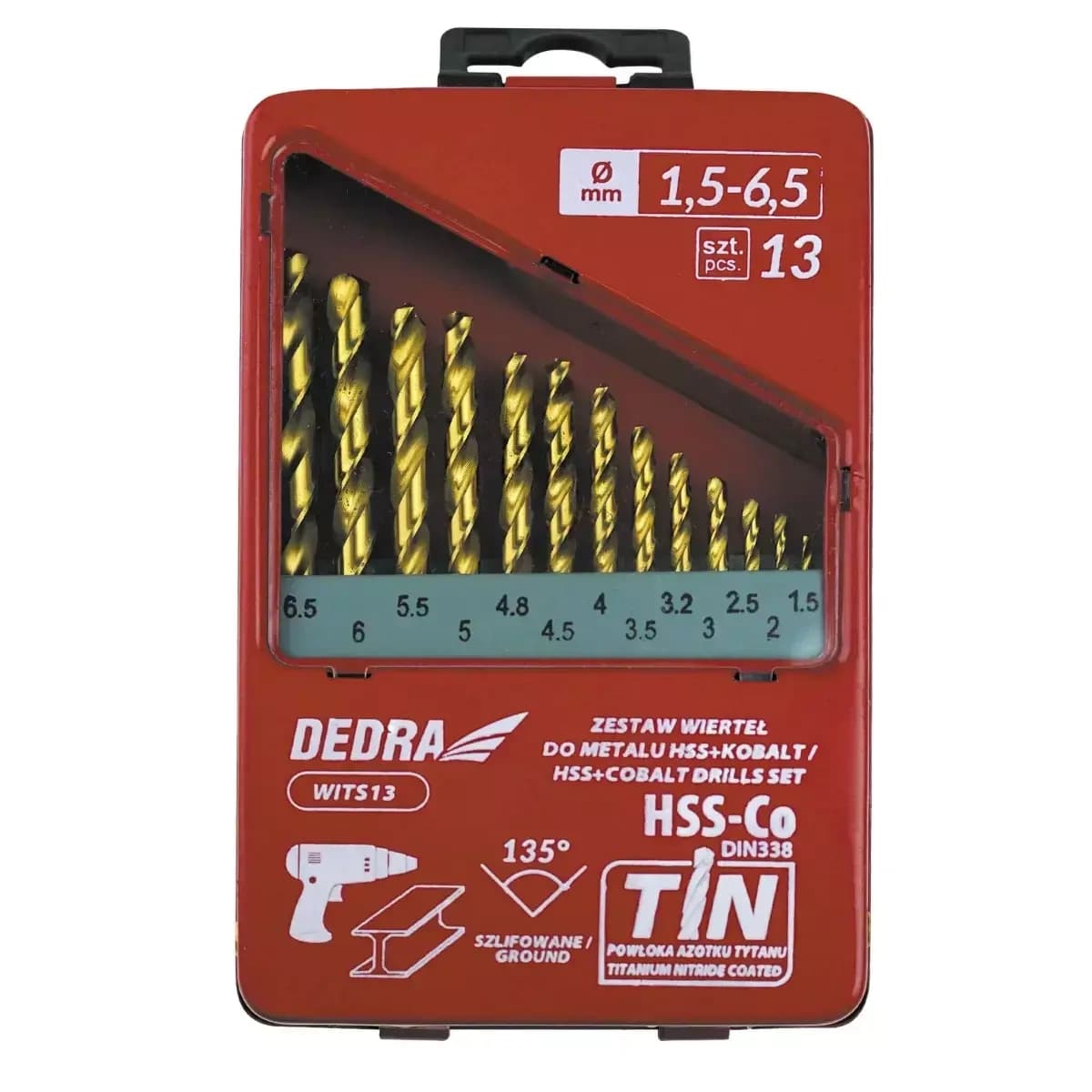 Dedra Set 13 svedrov za kovino HSS+Co+TiN, 135°