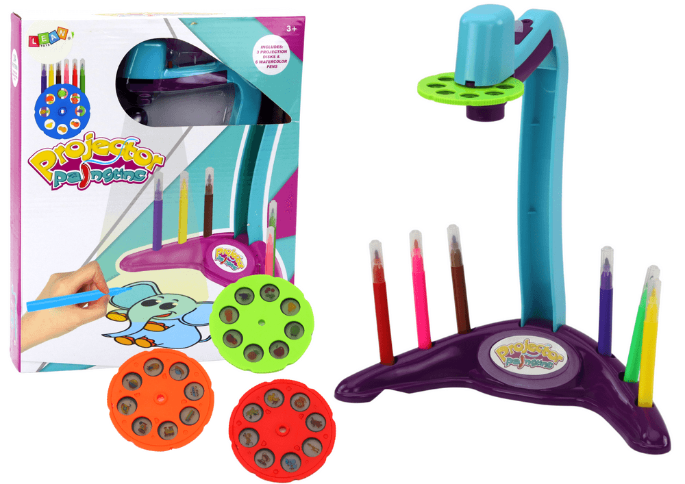 Projektor za risanje LEAN TOYS, 3 zamenljivi diski, pisala, vijoličen