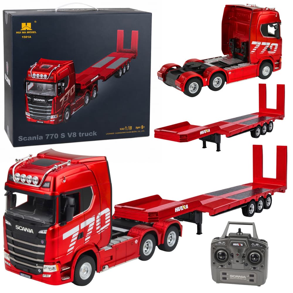 RC tovornjak Scania 770S z navesom Huina (rdeč) 1:18