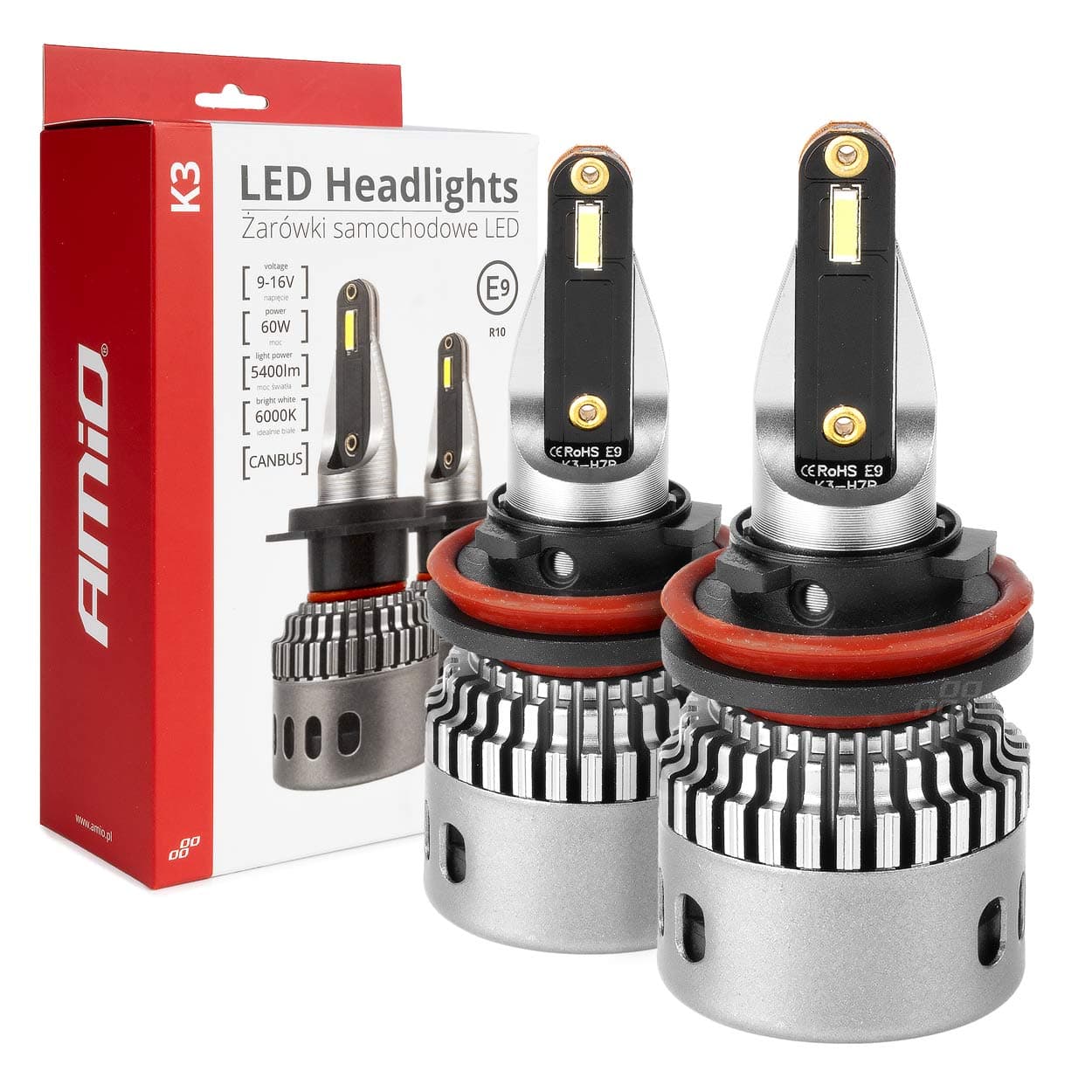 LED žarnica AMiO K3 H8/H9/H11/H16 Canbus, 12V, 6000K