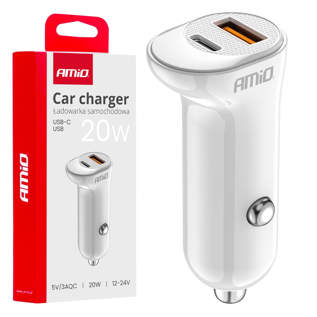 AMiO avto polnilnik USB-A + USB-C 20W (bel)