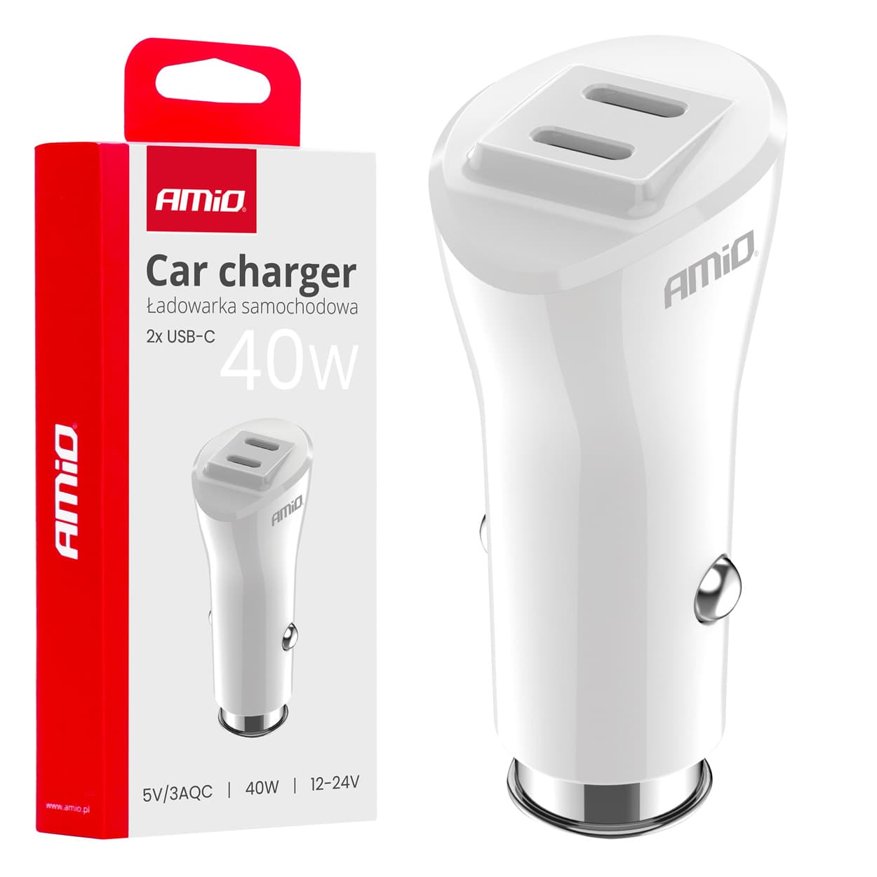 AMiO avtomobilska polnilka 2x USB-C, 40W, bela