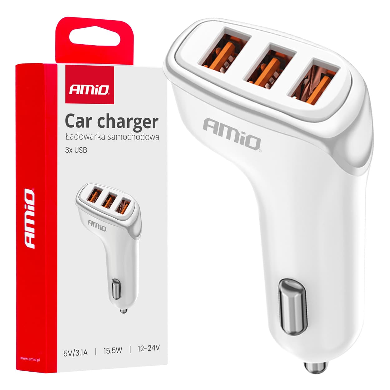 AMiO avtomobilska polnilka 3x USB-A, 3,1A, bela
