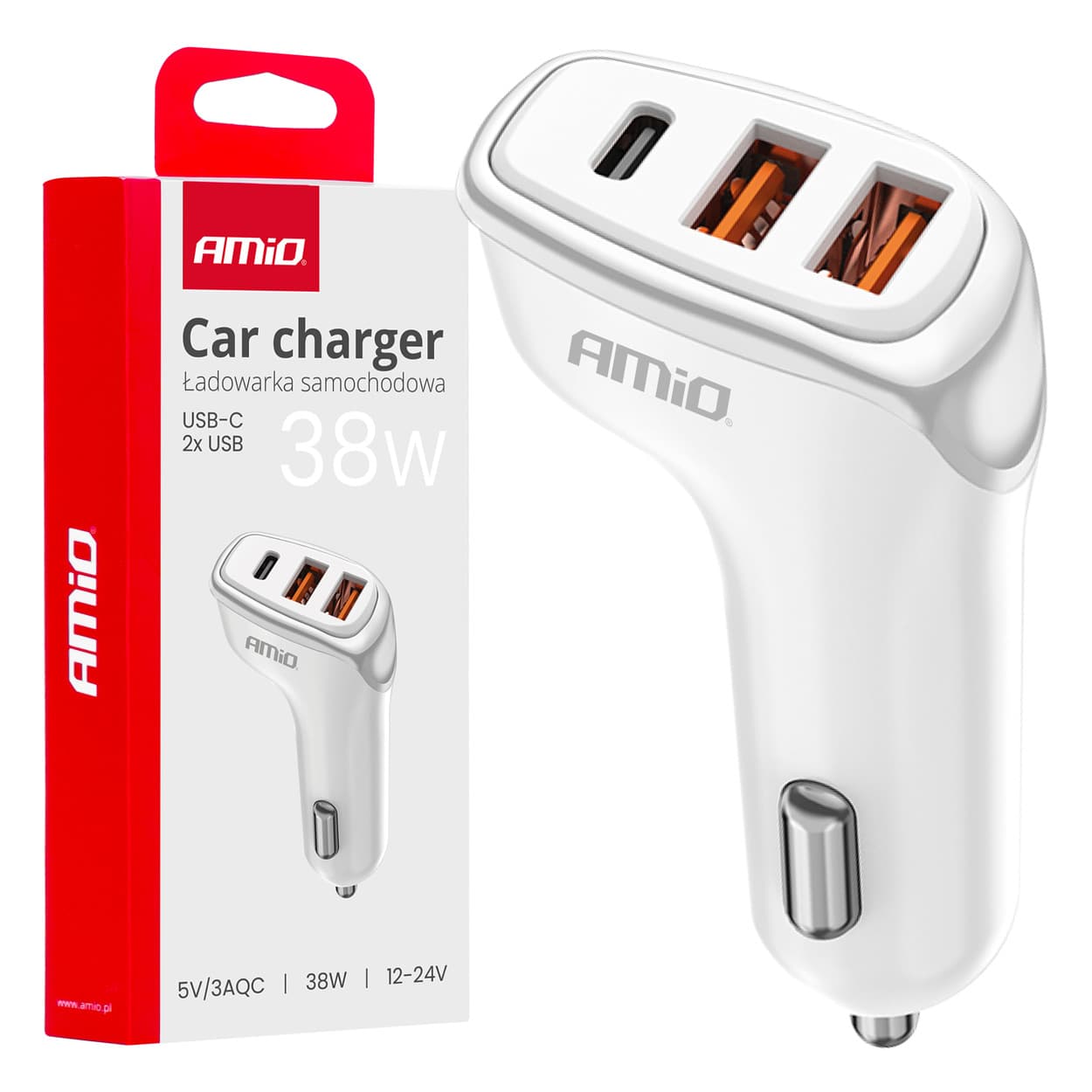 AMiO avtomobilska polnilka 2x USB-A + USB-C, 38W, bela