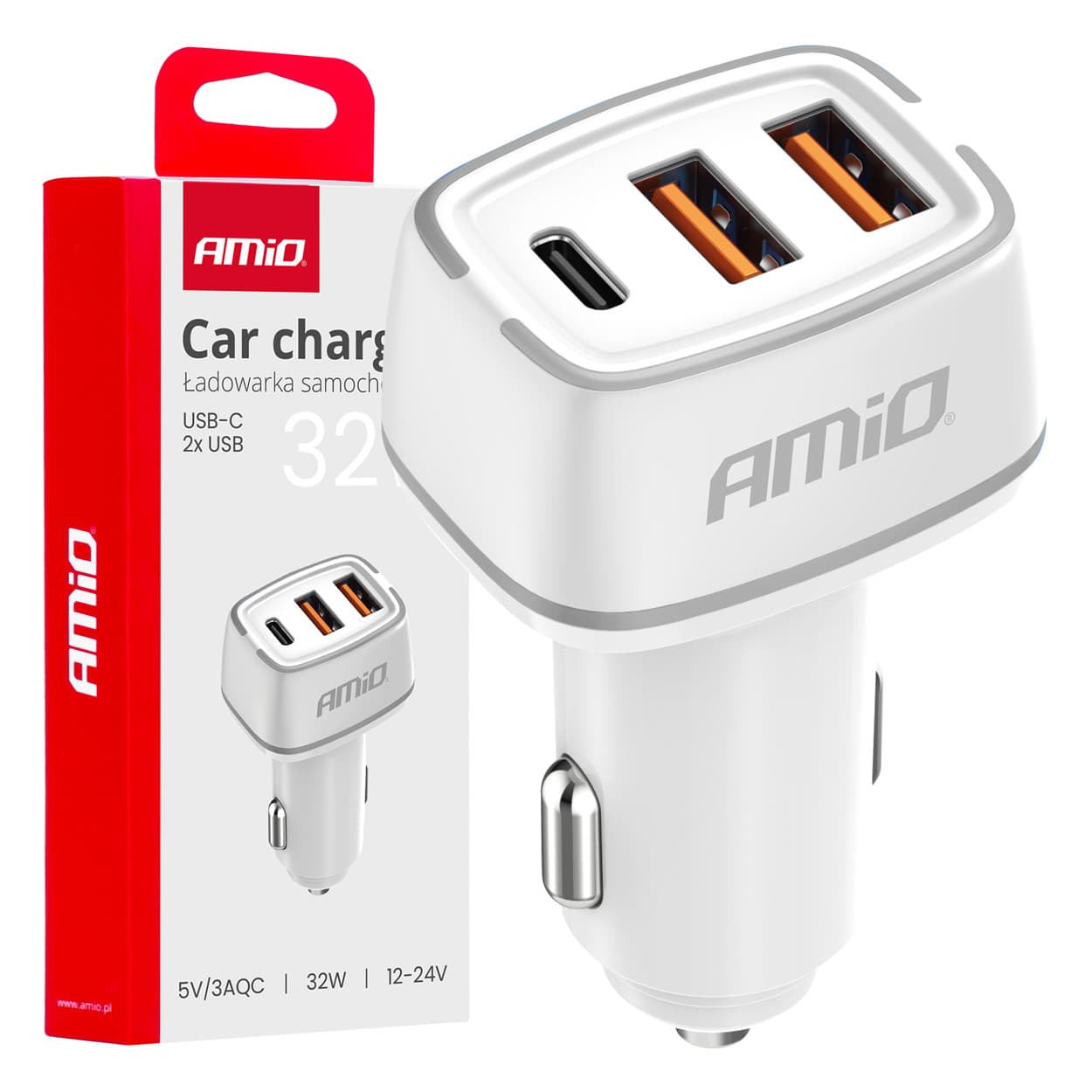 AMiO avtomobilska polnilka 2x USB-A + USB-C, 32W, bela