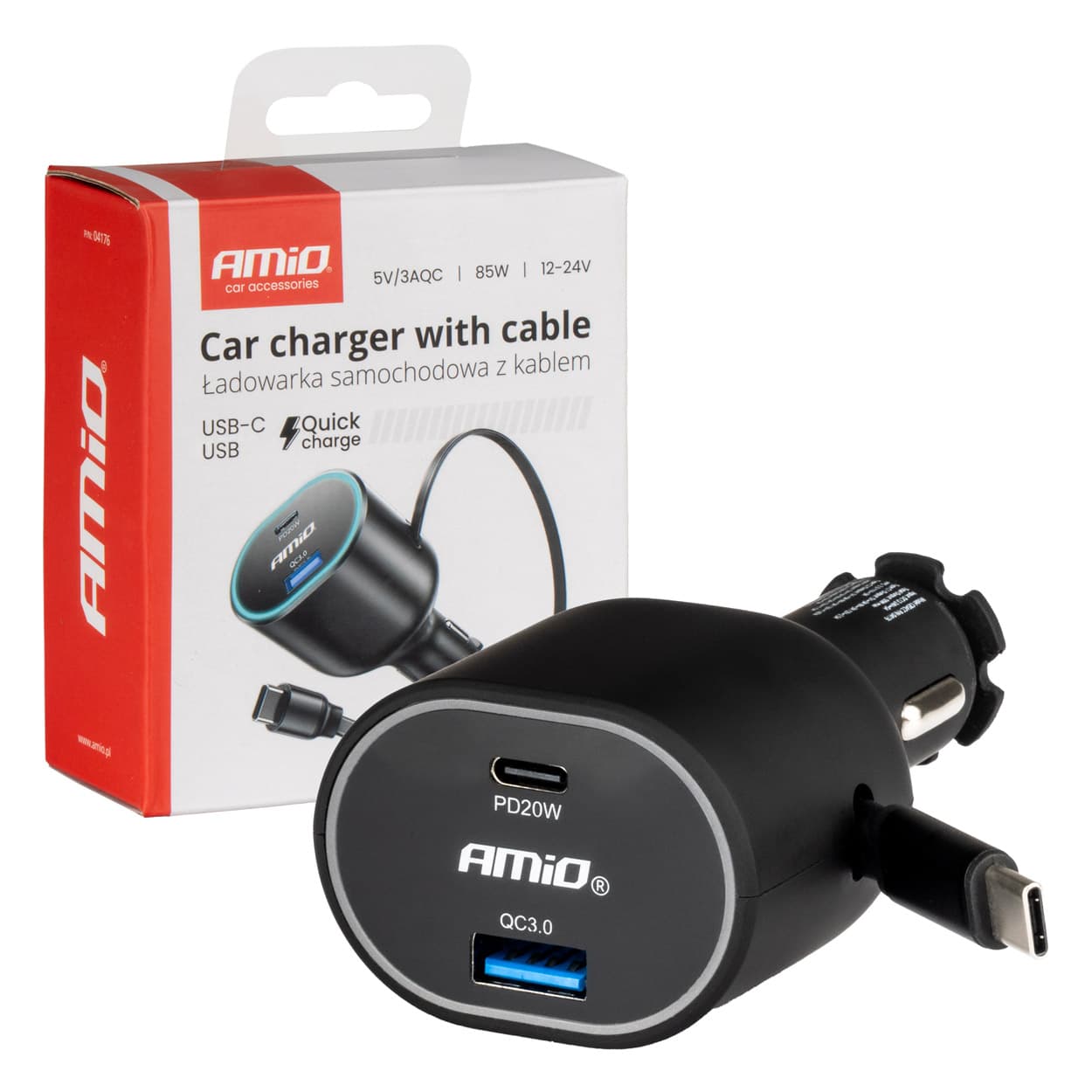 Avto polnilnik AMiO 50W, PD30W+PD20W+QC3.0, USB-C, USB-A, zvit kabel
