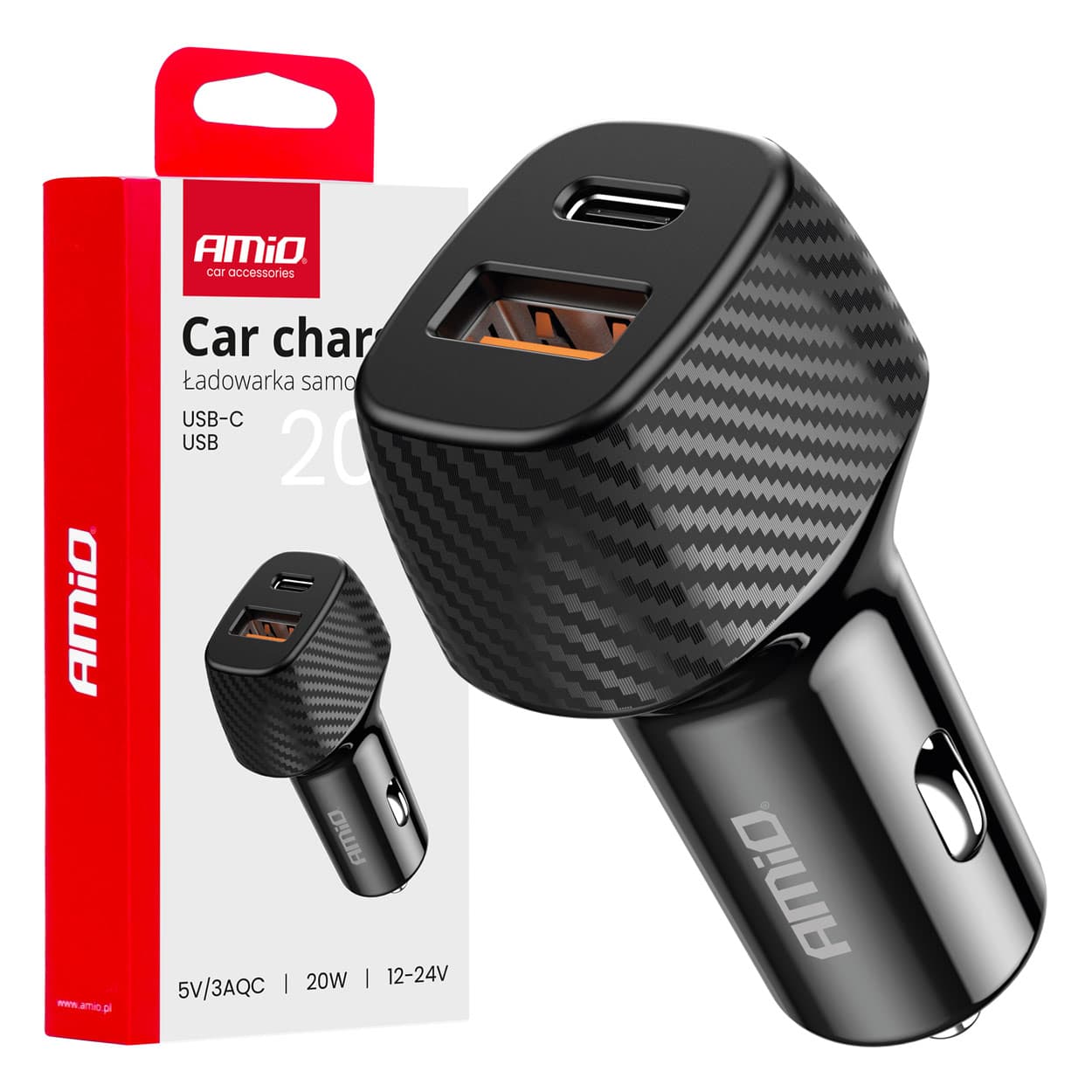 Avtomobilski polnilnik AMiO QC+PD 20W, USB-A + USB-C