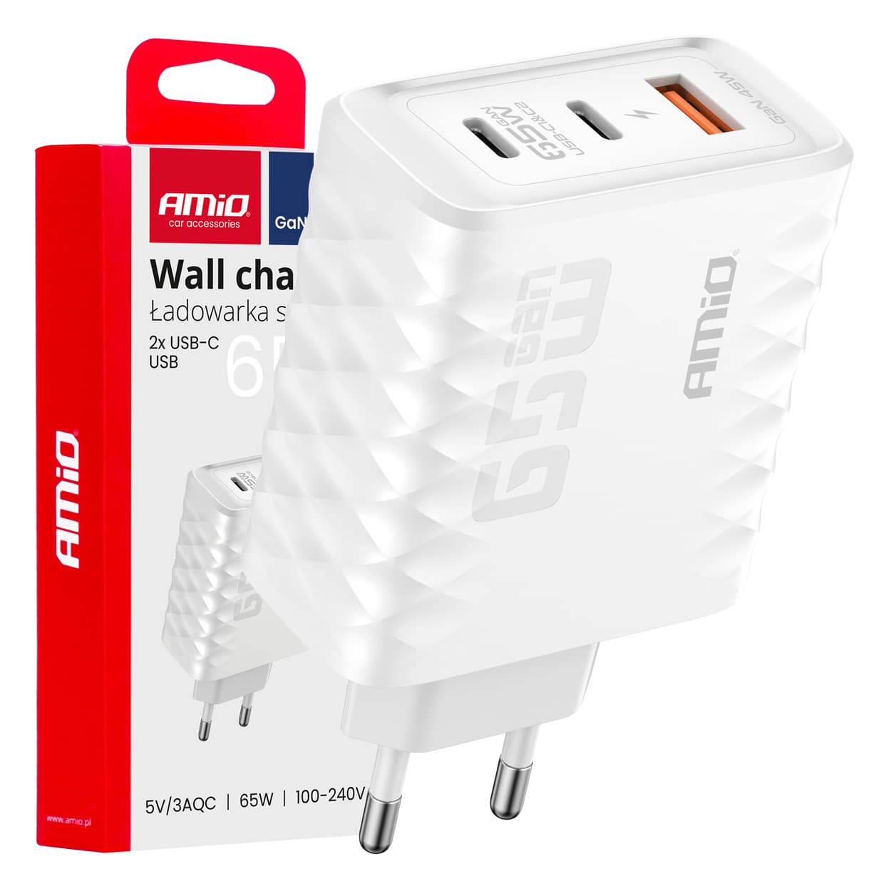 AMiO omrežni polnilnik 65W, USB-A + 2x USB-C