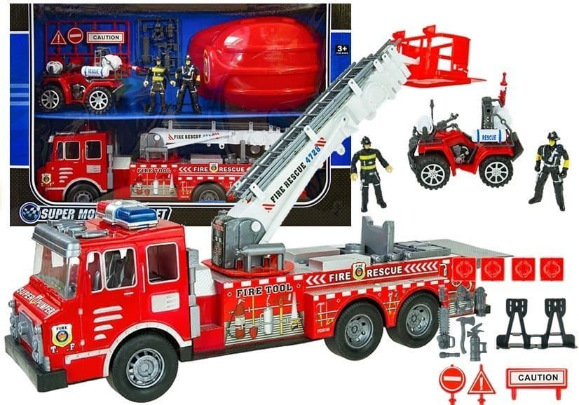 LEAN TOYS Velik gasilski set: tovornjak, gasilci, quad, čelada