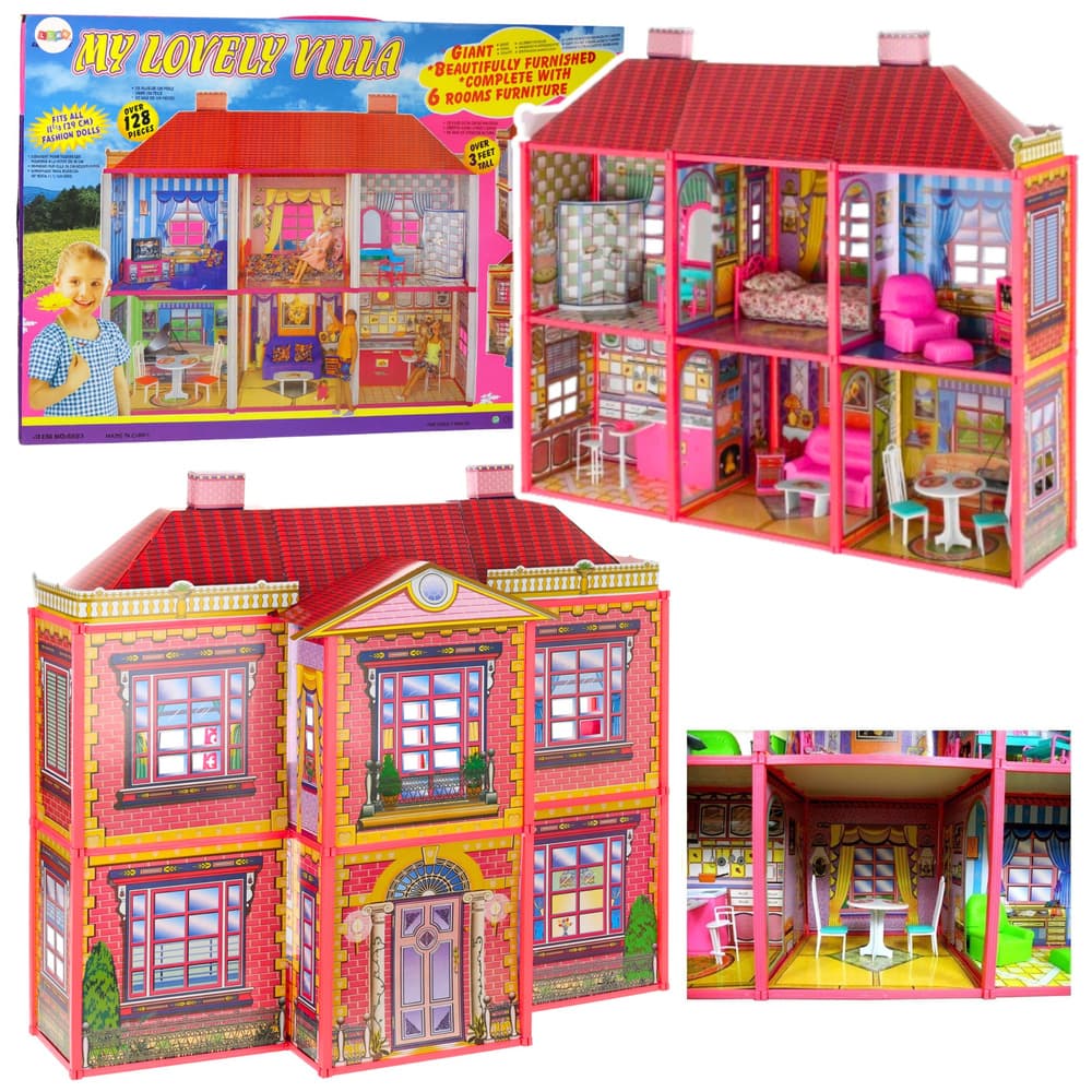 LEAN TOYS Vila - velik dom za punčke s 6 sobami, pohištvom in dodatki (128 kosov)