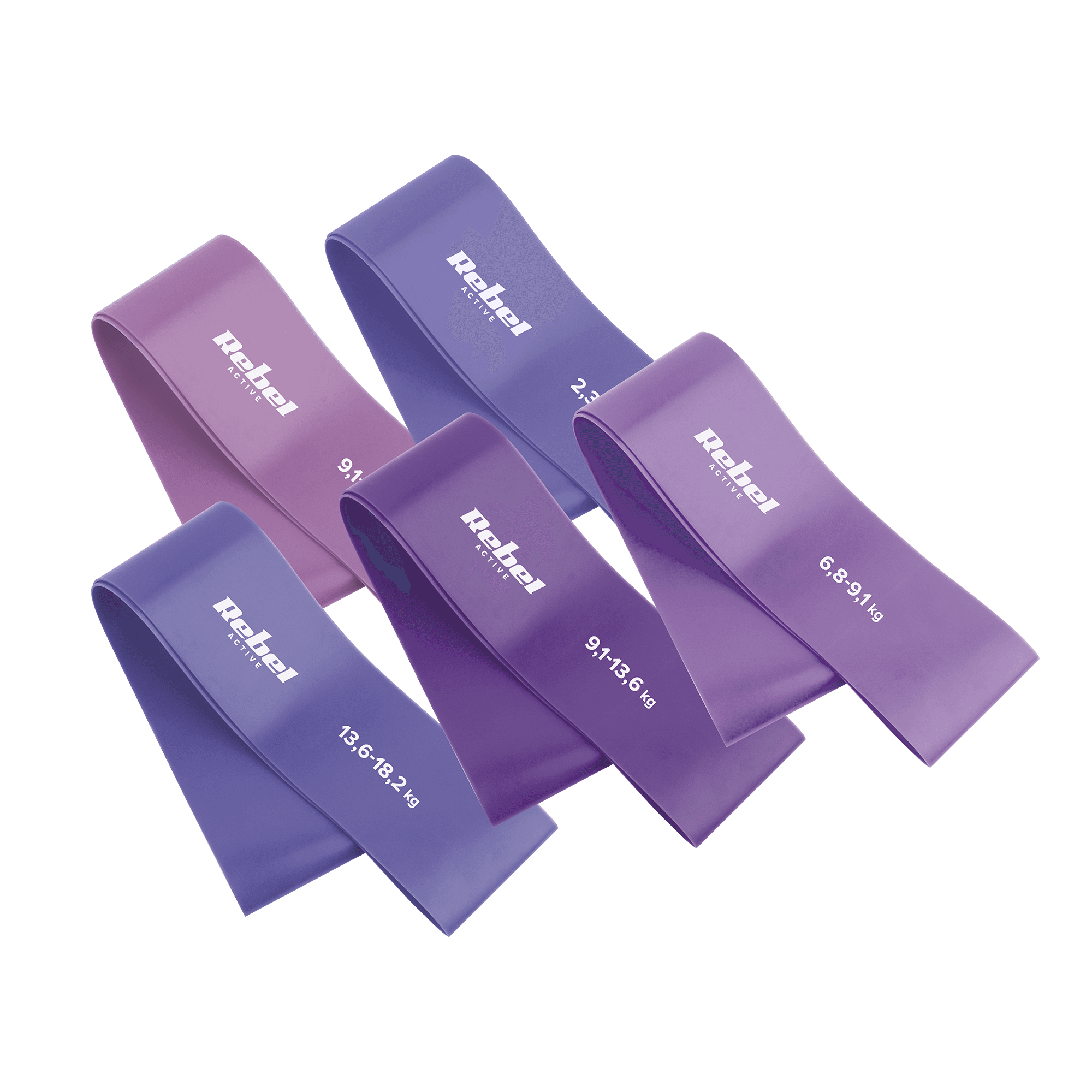 Set 5 vijoličnih mini gum za vadbo (2.3-18.2 kg), Rebel Active