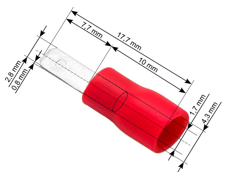 Blow Konektor izolirani ravni moški 2,8/0,8 mm, rdeč, 100 kosov