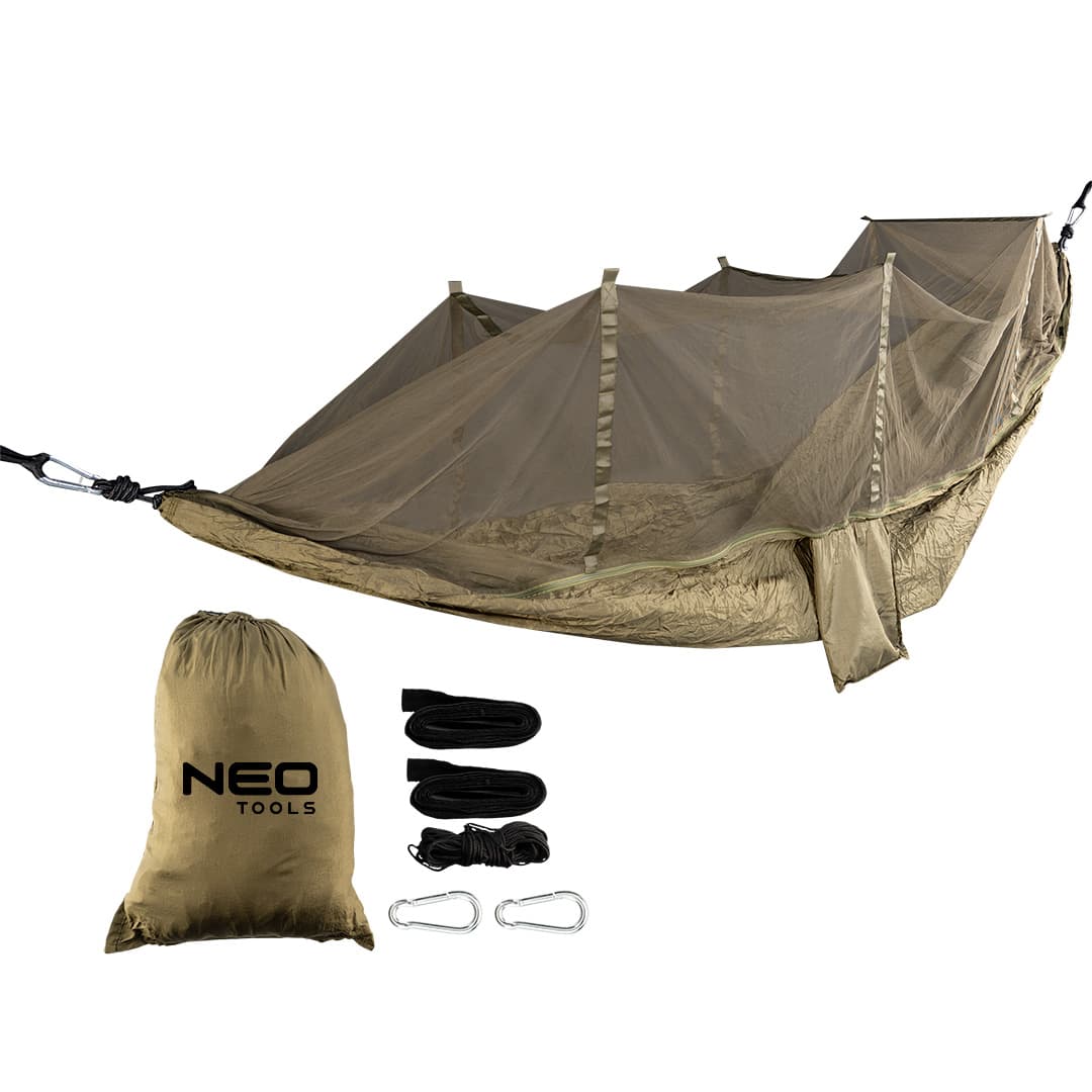 NEO TOOLS Viseči hammock z mrežo proti komarjem, 330 x 140 cm